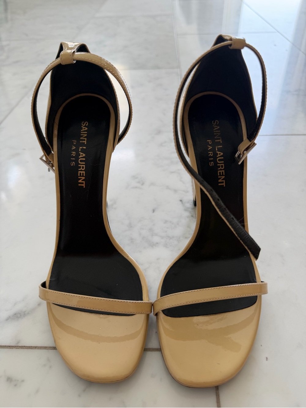 Saint Laurent Beige Patent Leather Ankle-Strap Heels - Picture 2 of 9